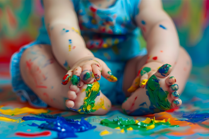 infant with paint on hands and toes