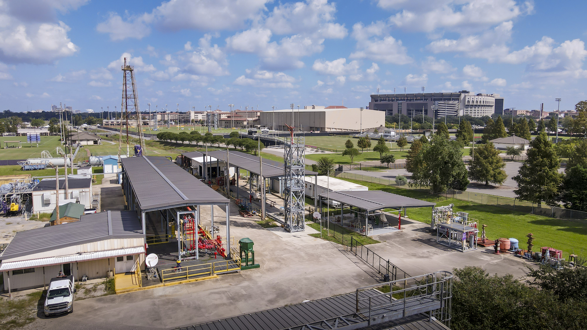 Aerial view of the PERTT lab with Tiger Stadium in the distance