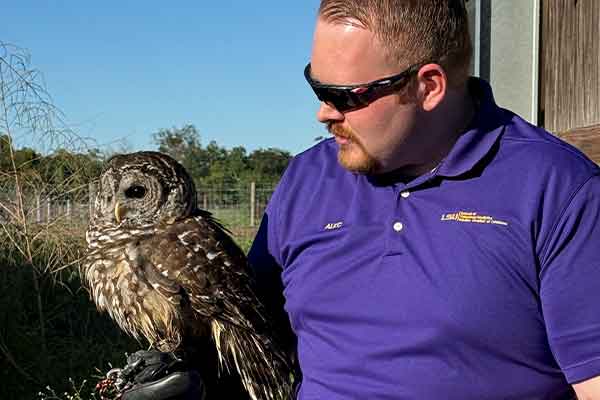 Waffle, a barred owl, with student Alec Filson